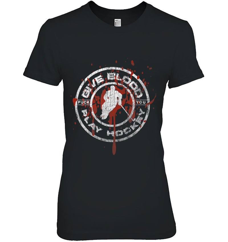 Give Blood Play Hockey Tshirt - Ice Hockey Bloody Logo Ladies Tee