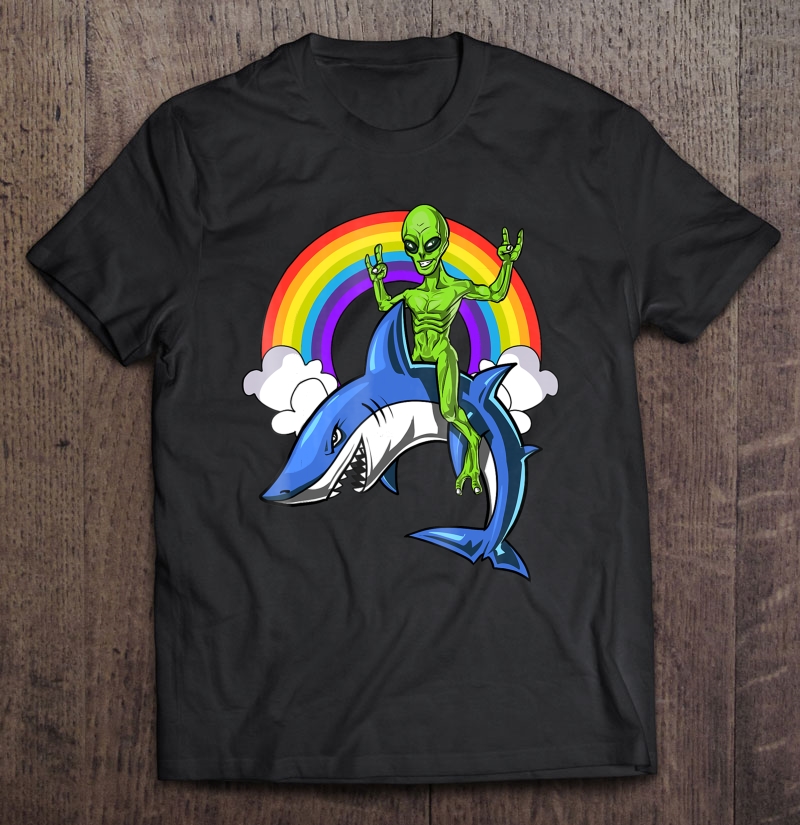 Space Alien Riding Shark Funny Ocean Rainbow Party Shirt