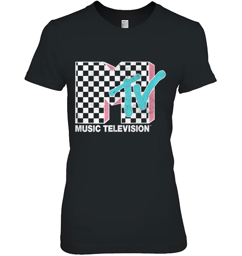 Mtv Neon Distressed Checkered Logo Ladies Tee