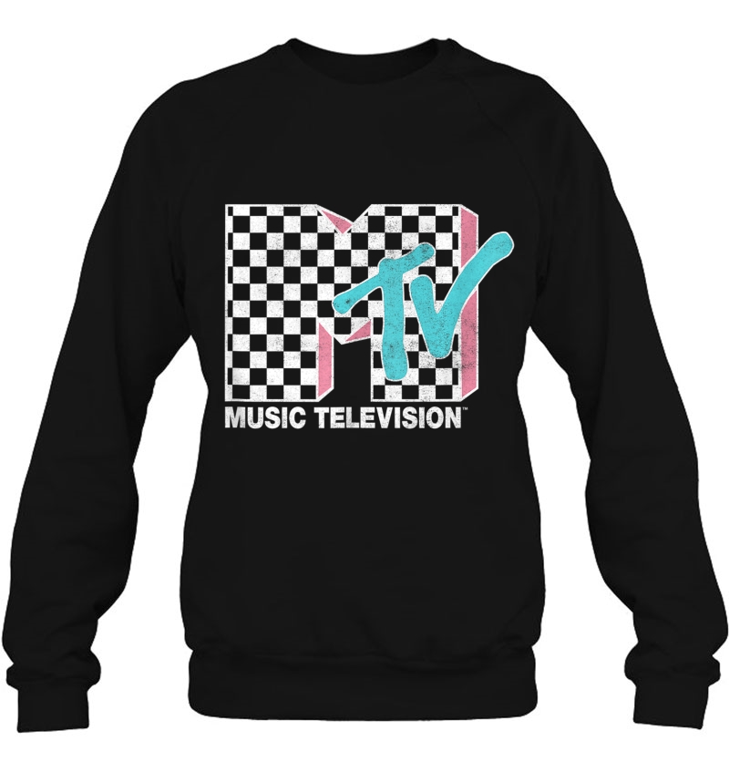 Mtv Neon Distressed Checkered Logo Sweatshirt