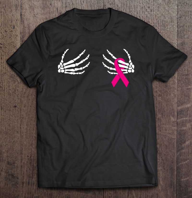 Skeleton Hands On Chest Breast Cancer Awareness Pink Ribbon Shirt