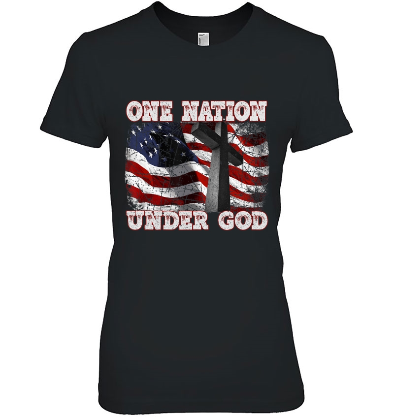 One Nation Under God Patriotic Christian Cross American Flag Ladies Tee