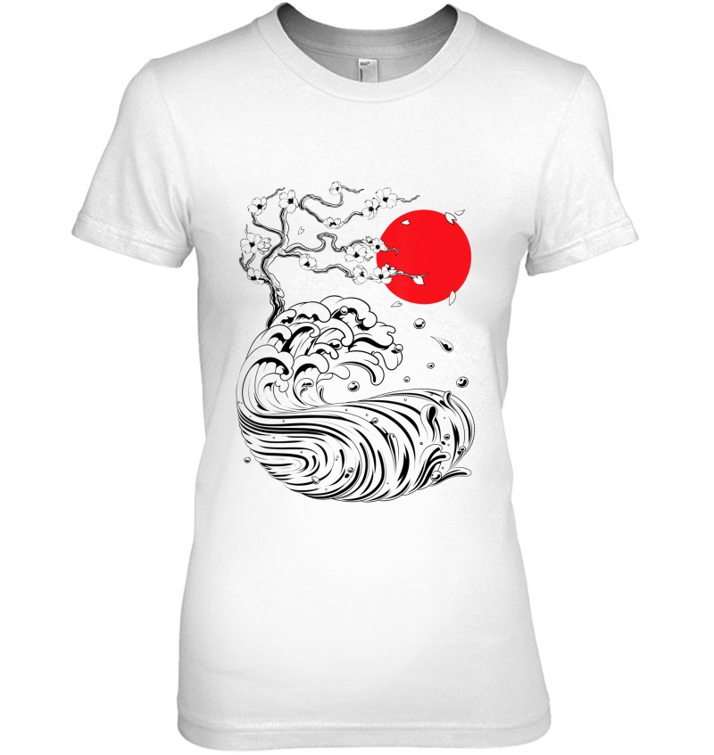 Japanese Bonsai Sakura Cherry Blossom Tree And Wave Ladies Tee