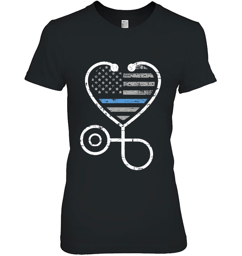 American Flag Police Thin Blue Line Heart Nurse Ladies Tee