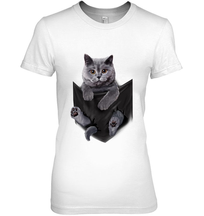 British Grey Cat In Pocket Cats Ladies Tee