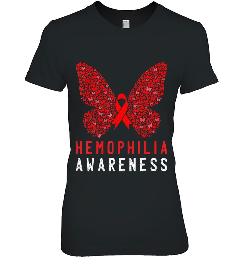 Butterfly Hemophilia Awareness Month Red Ribbon Support Ladies Tee