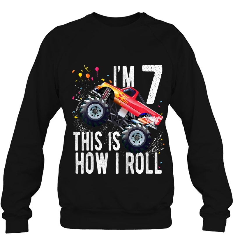 Kids 7 Year Old Shirt 7Th Birthday Boy Monster Truck Car Sweatshirt