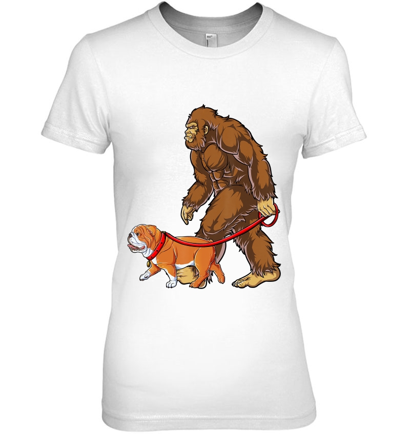 Bigfoot Dog Walk English Bulldog Sasquatch Kids Men Ladies Tee