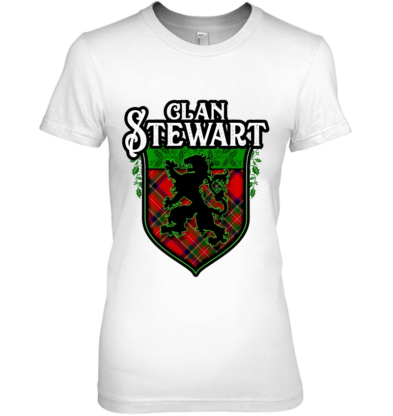 Clan Stewart Surname Scottish Tartan Lion Rampant Crest Ladies Tee