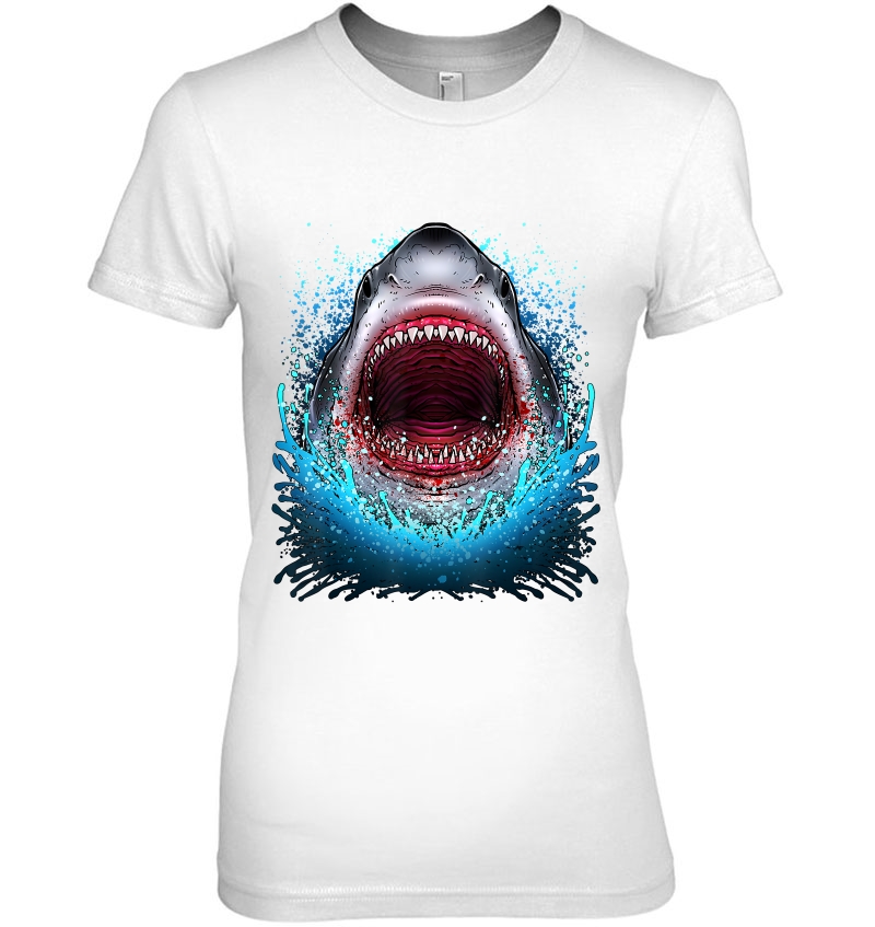 Great White Shark Open Mouth Teeth Beach Ocean Animal Ladies Tee