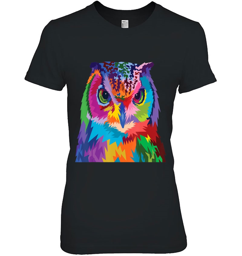 Owl Shirt Colorful Horned Owl Bird Pop Art Style Ladies Tee