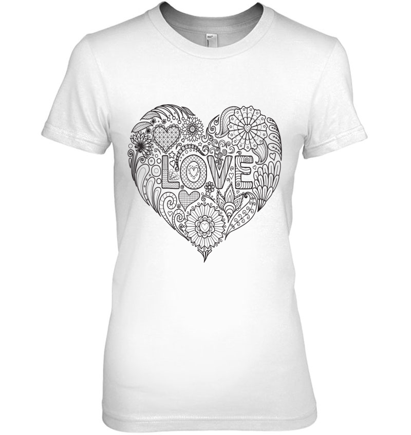 Coloring Book Style Heart Shape Self Coloring Ladies Tee