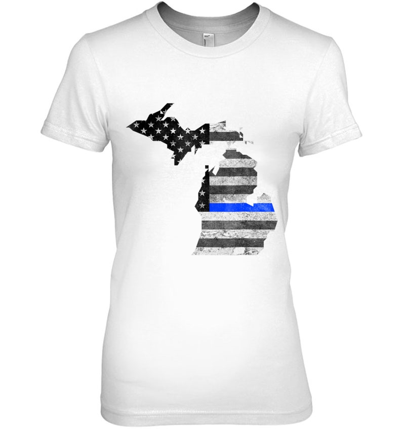 Police Thin Blue Line Michigan Usa Flag Map Shirt Ladies Tee