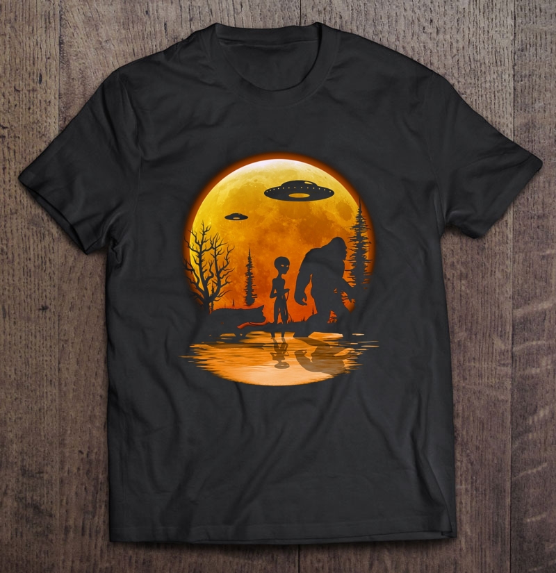 Cat Alien And Bigfoot UFO Moon Shirt