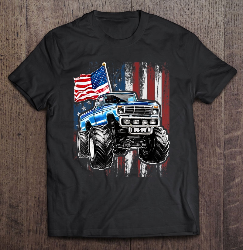 Monster Truck American Flag Patriotic 4Th Of July Gift Kids Shirt