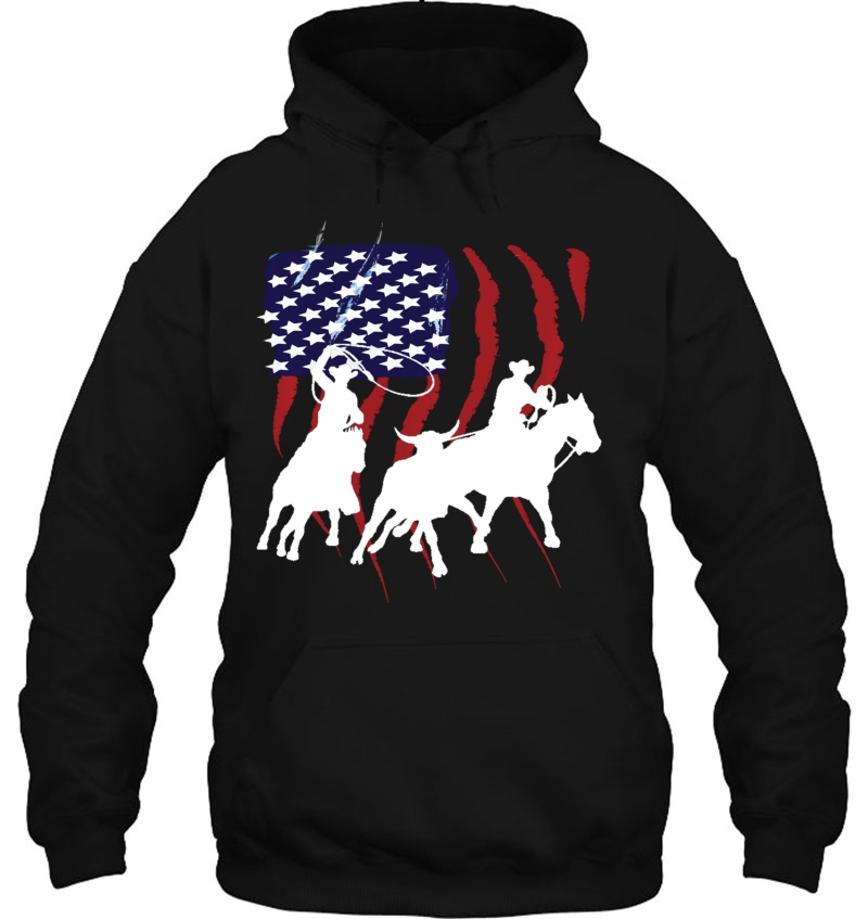 Rodeo Team Roping Distressed Grunge Cowboy American Flag Pullover Mugs