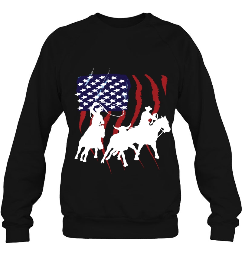 Rodeo Team Roping Distressed Grunge Cowboy American Flag Pullover Mugs