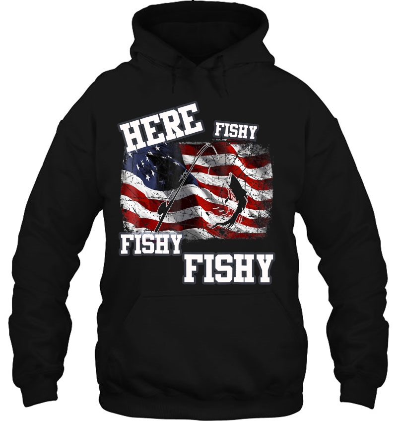 Mens Here Fishy Fishy Fishy American Flag Fishing Shirt Mugs