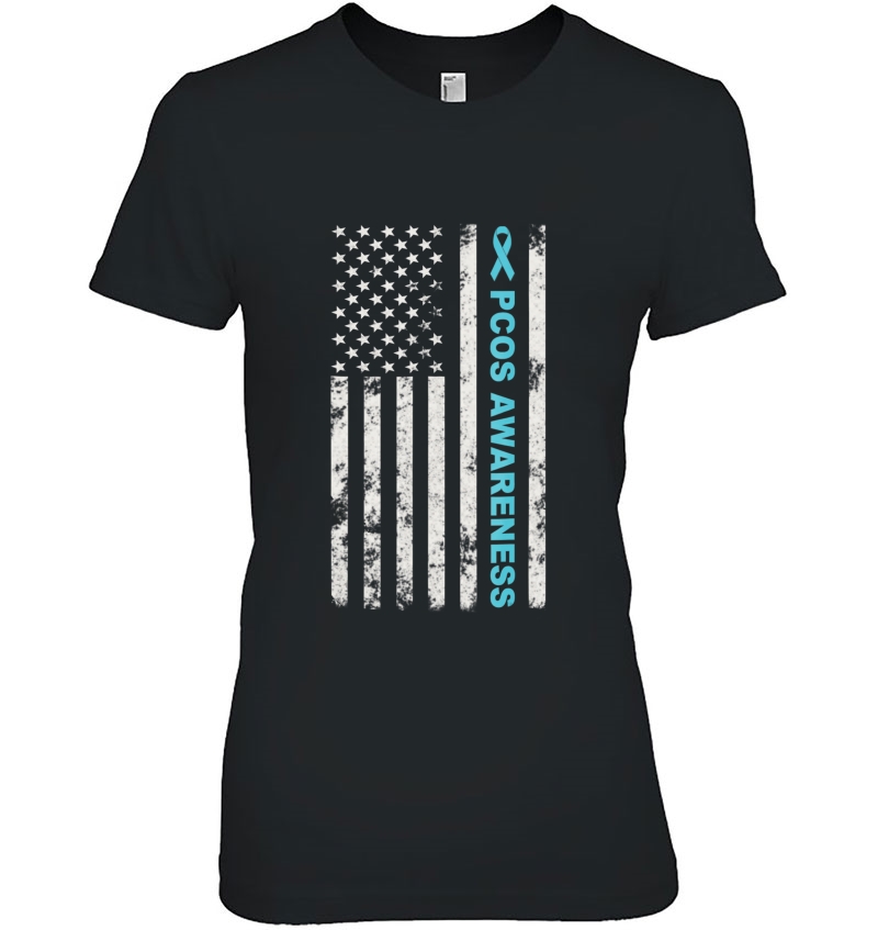 Pcos Awareness Month Teal Ribbon American Flag Tee Hoodie