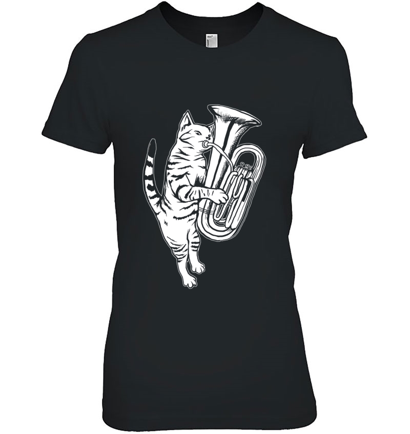Cat Playing Tuba Cool Musician Marching Band Ladies Tee