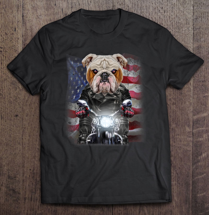 Patriot English Bulldog On Motorcycle With Flag Of Usa Shirt