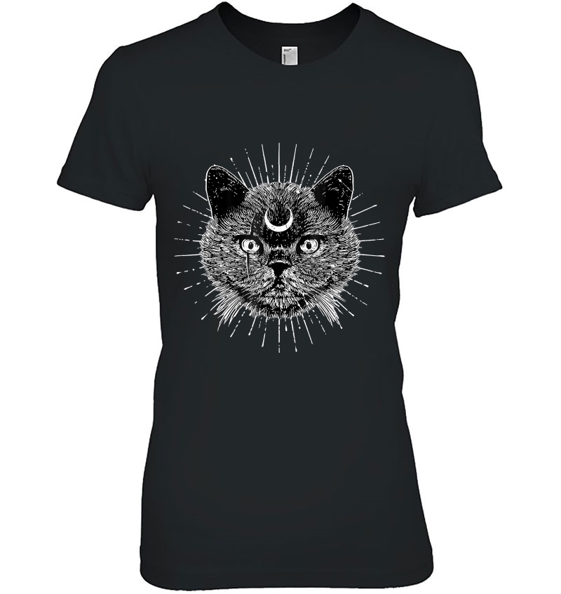 Black Moon Cat Head Gothic- Goth Fashion - Witchcraft Ladies Tee