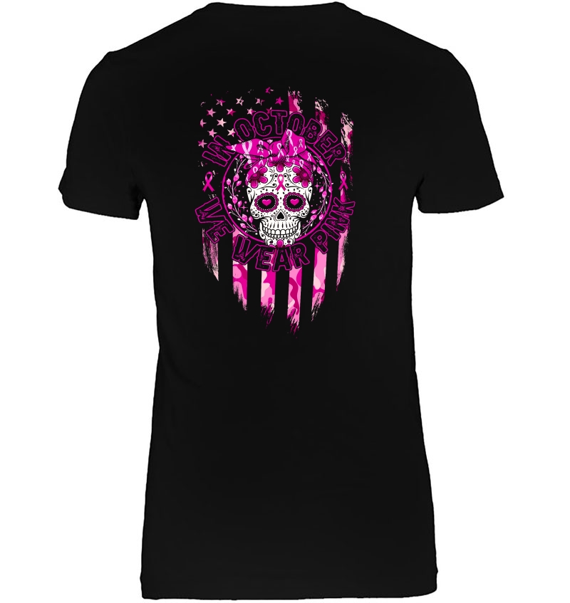 In October We Wear Pink Sugar Skull Breast Cancer American Flag Version Hoodie