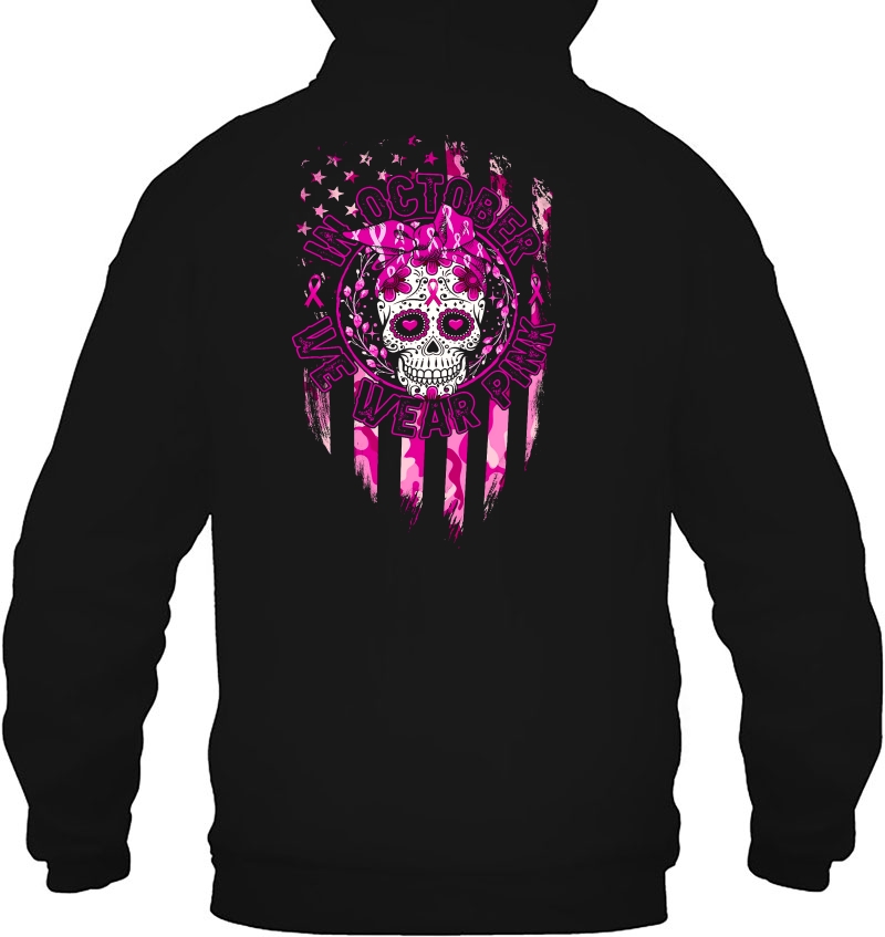 In October We Wear Pink Sugar Skull Breast Cancer American Flag Version Mugs