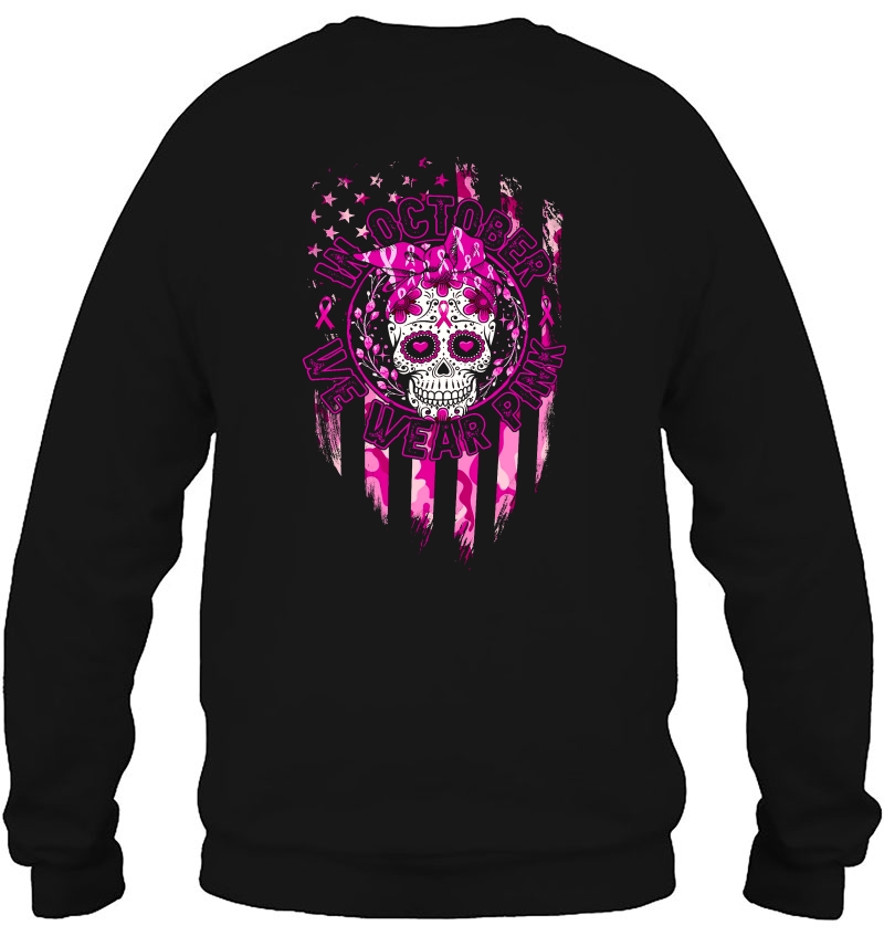 In October We Wear Pink Sugar Skull Breast Cancer American Flag Version Mugs