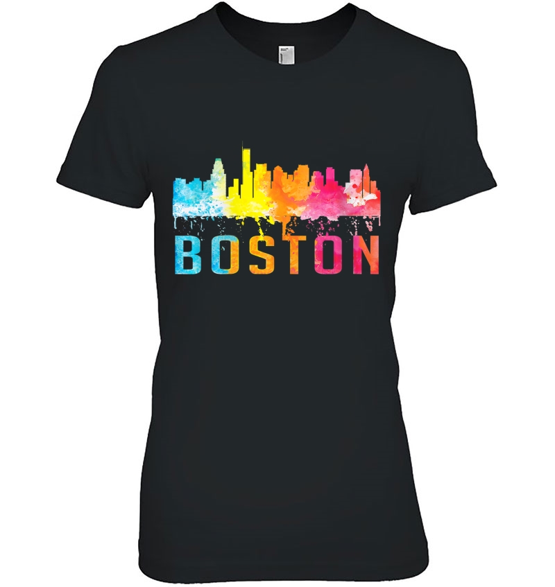 Womens Boston Massachusetts Retro Watercolor Skyline Souvenir Shirt V-Neck Hoodie