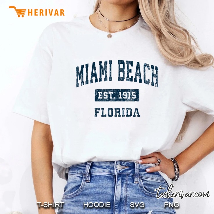 Miami Beach Florida Fl Vintage Sports Design Navy Print Ladies Tee