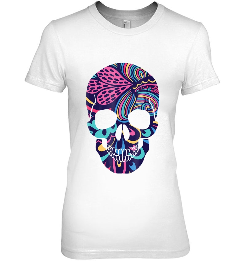 Calavera Sugar Skull Dark Flowers Mexican Holiday Ladies Tee
