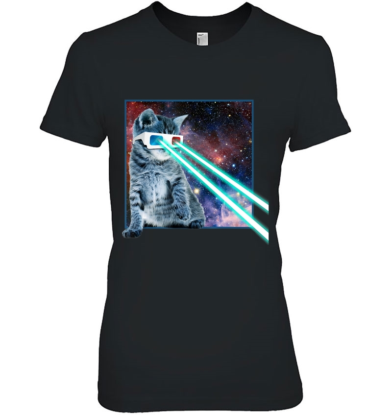 Laser Eyes Space Cat Funny Kitty 3D Glasses Gift Ladies Tee