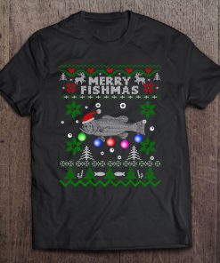 Merry Fishmas Ugly Christmas Fishing Gifts Large Mouth Bass Tee