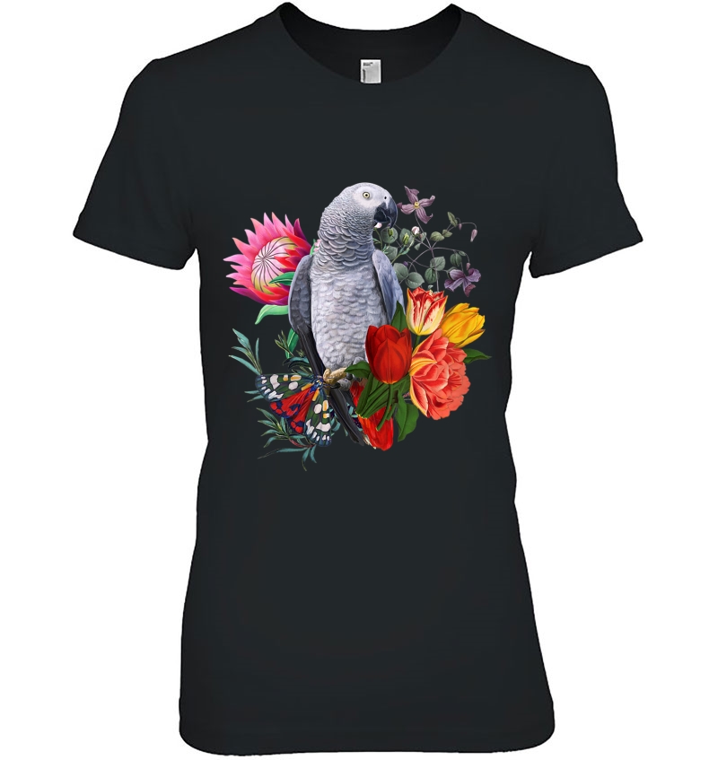 Womens African Grey Parrot With Flowers And Butterfly Cute Gift Hoodie