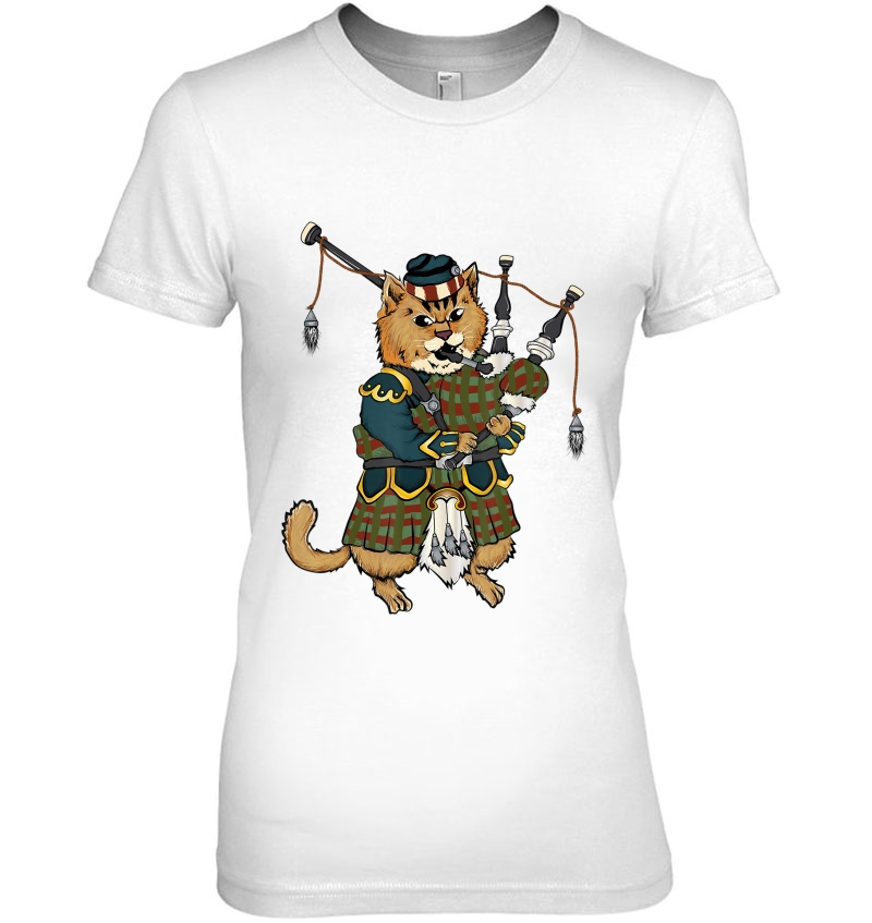 Cat With Bagpipe I Scottish Uniform Music Kilt Gift Ladies Tee
