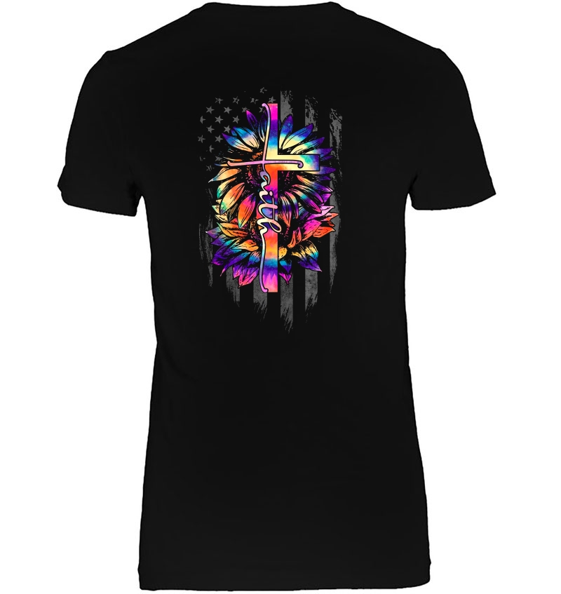 Faith Cross Sunflower American Flag Tie Dye Version Ladies Tee