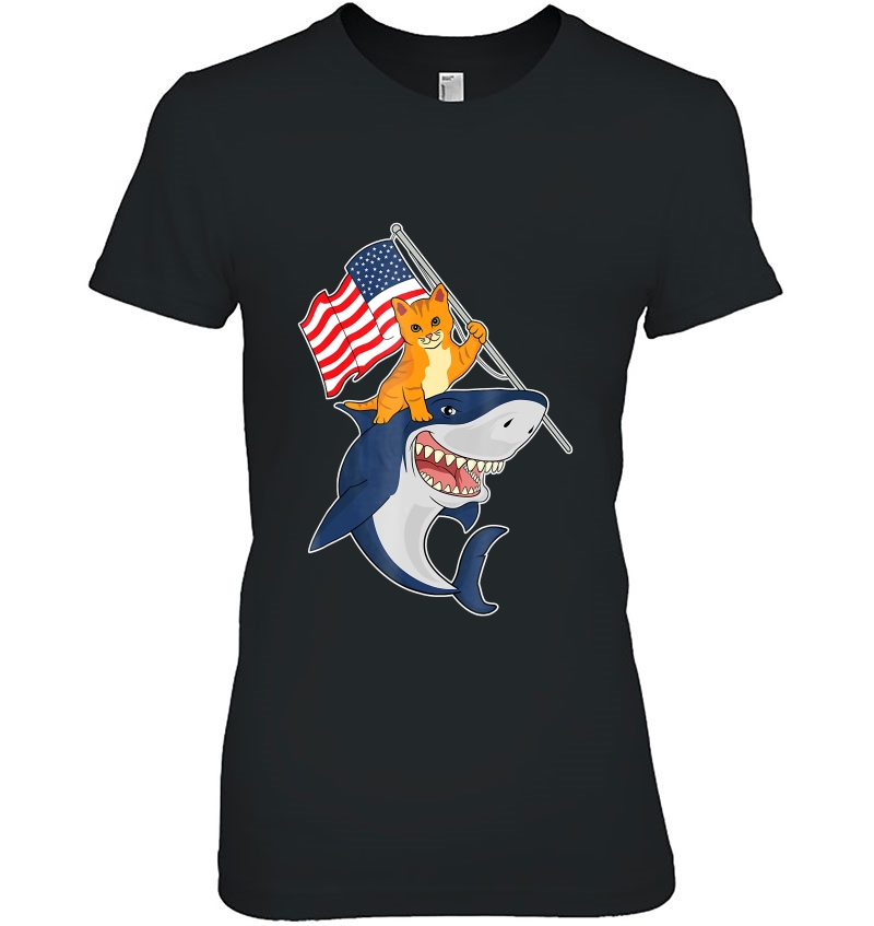 Funny July 4Th Shirt - Cat Riding A Shark - Us Flag Hoodie