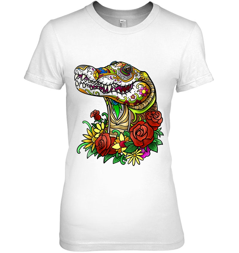 Womens Crocodile Aligator Tattoo Day Of The Dead Floral Mexican Art V-Neck Ladies Tee