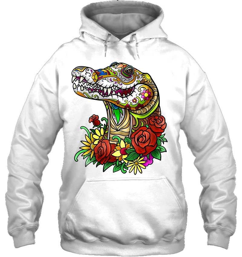 Womens Crocodile Aligator Tattoo Day Of The Dead Floral Mexican Art V-Neck Hoodie