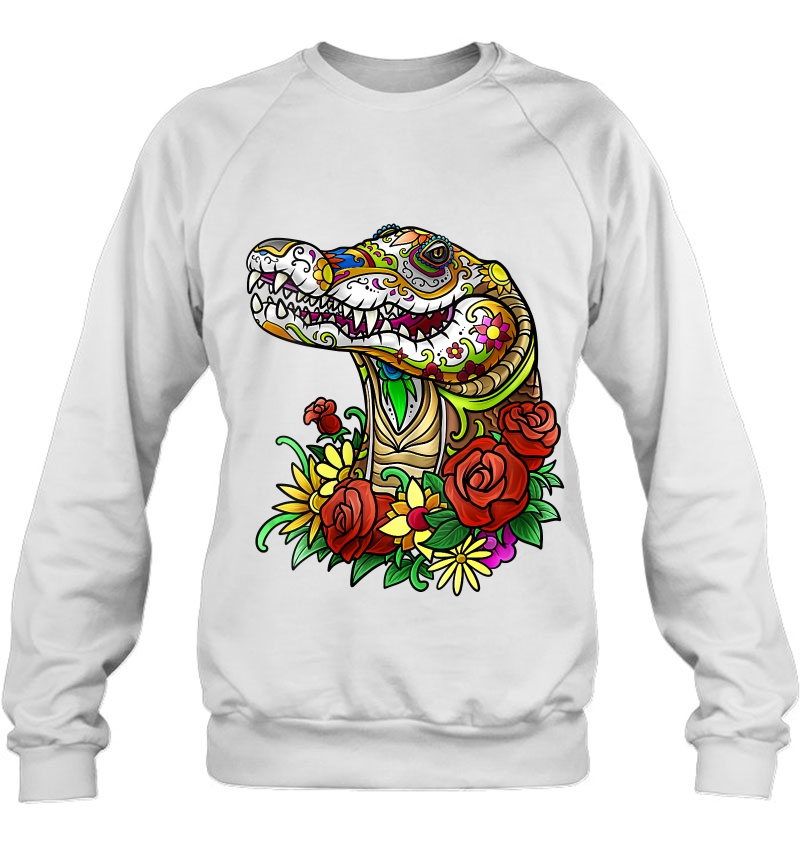 Womens Crocodile Aligator Tattoo Day Of The Dead Floral Mexican Art V-Neck Sweatshirt