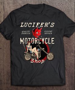 Lucifer's Motorcycle Shop Rockabilly Pin Up Girl On Chopper Tank Top Tee