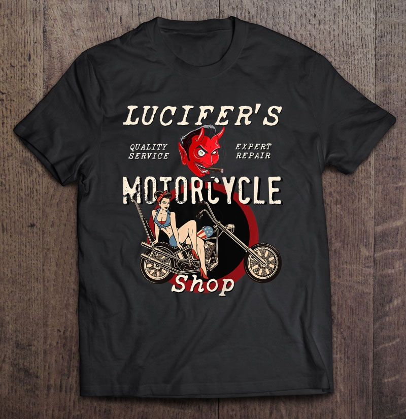 Lucifer's Motorcycle Shop Rockabilly Pin Up Girl On Chopper Tank Top Shirt