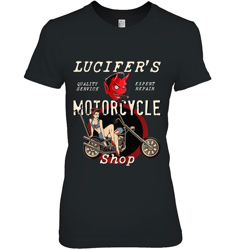 Lucifer's Motorcycle Shop Rockabilly Pin Up Girl On Chopper Tank Top Hoodie