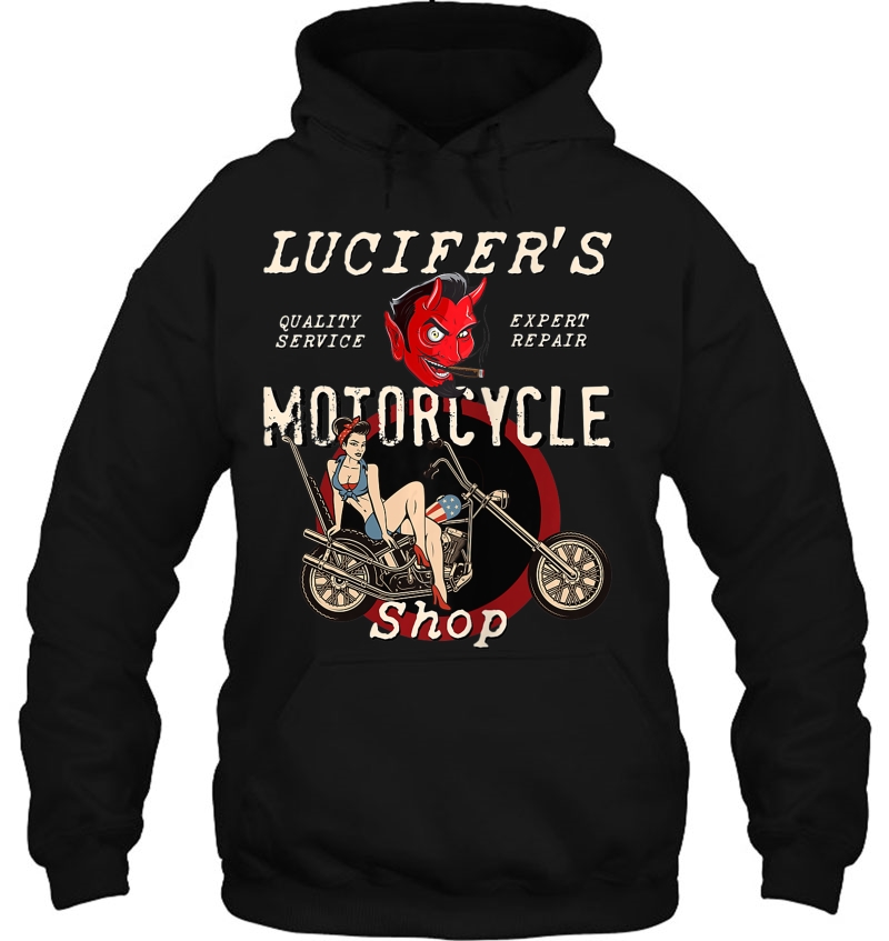 Lucifer's Motorcycle Shop Rockabilly Pin Up Girl On Chopper Tank Top Mugs