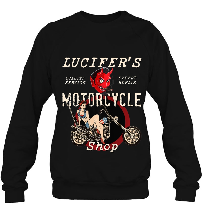 Lucifer's Motorcycle Shop Rockabilly Pin Up Girl On Chopper Tank Top Mugs