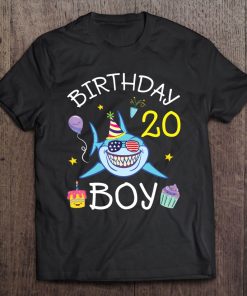 Us Flag Glass Shark Cake Balloon Happy Birthday 20 Years Boy Tee