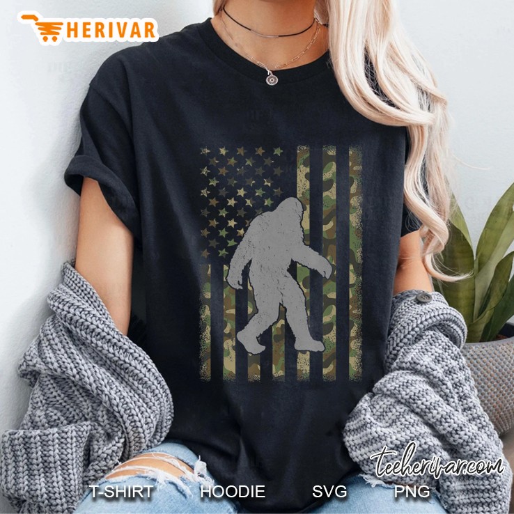 Camo American Flag Bigfoot Camouflage Sasquatch Ladies Tee