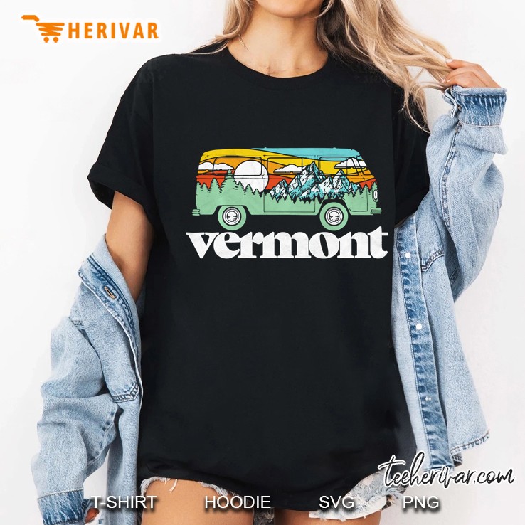 Retro Vermont Hippie Van Mountains Trees & Sun Graphic Ladies Tee