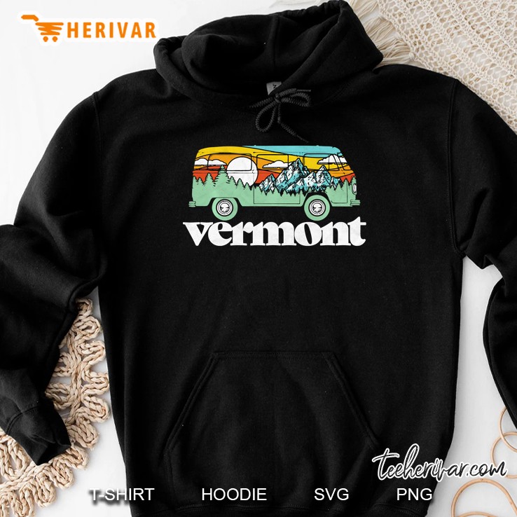 Retro Vermont Hippie Van Mountains Trees & Sun Graphic Hoodie